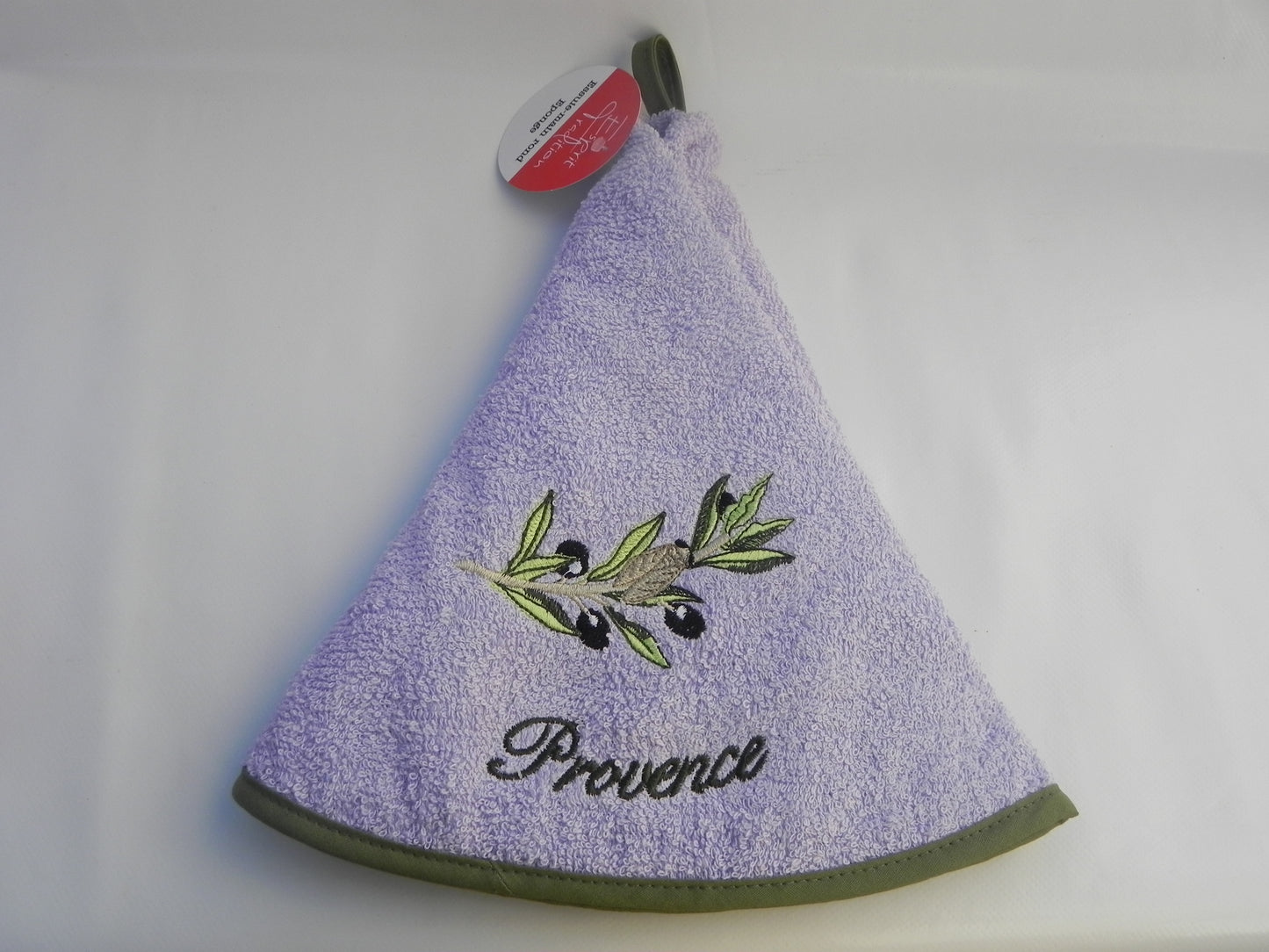 Essuie Mains Rond Motif Branche Olive Sur Fond Mauve Taille 50X70