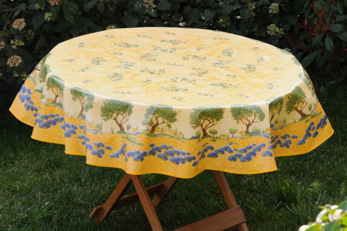 Nappe toile cireè motif arbre branche olivier lavande jaune 160 CM