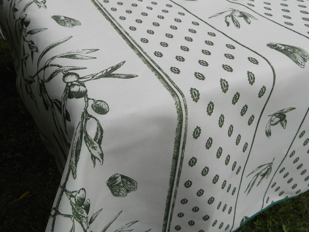 Nappe rectangle écru, cigales et olives vert