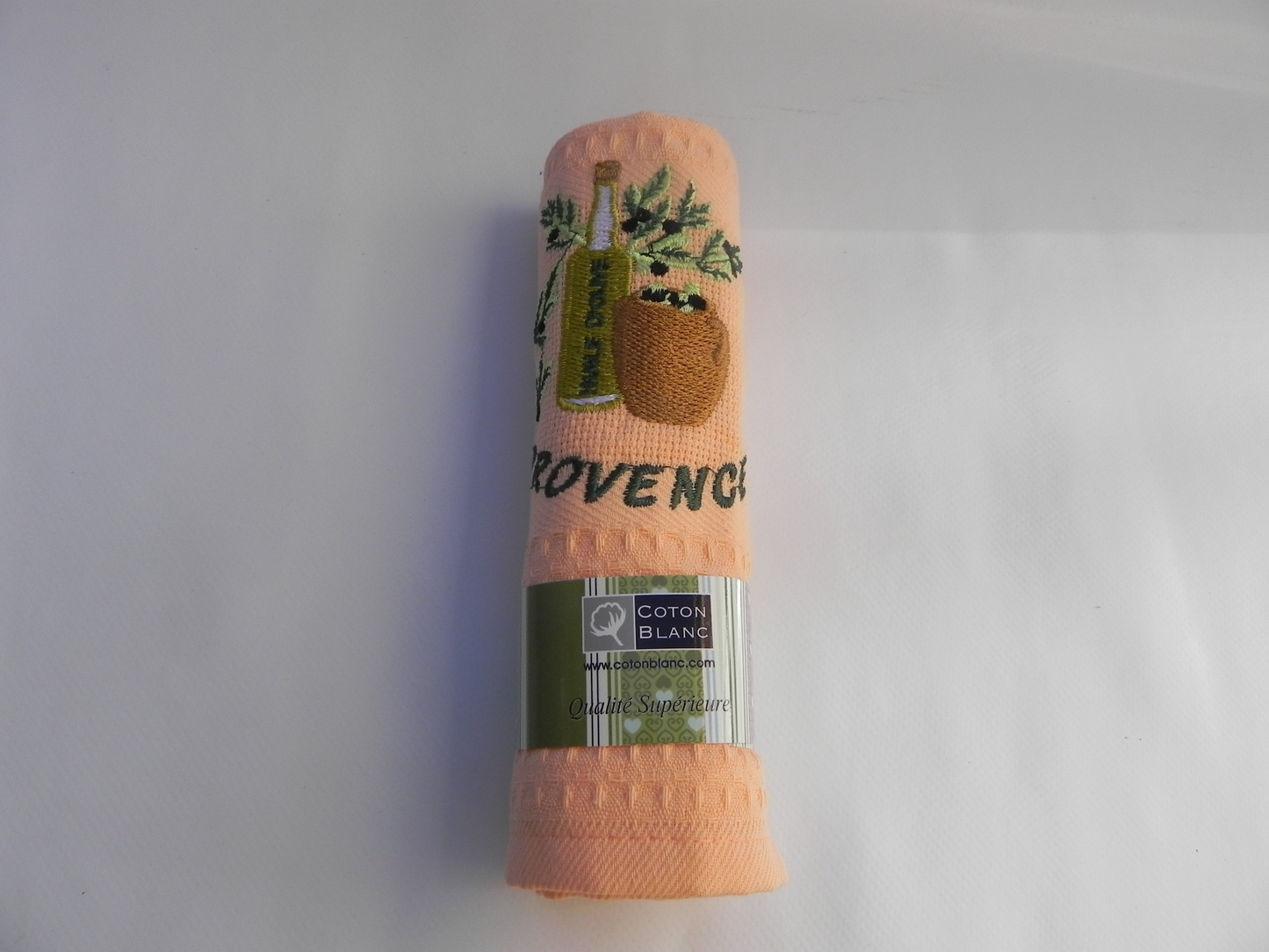Torchon Nid D'abeille Motif Bouteille Olive Saumon Taille 50x70