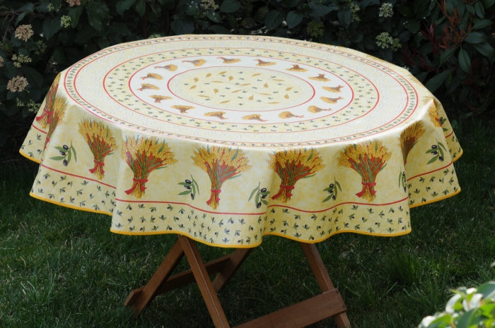 Nappe toile ronde  cireè motif bouquet de blè ècru  160  CM