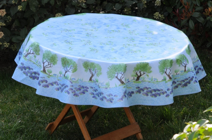 Nappe toile cireè ronde arbre branches olive bleu  160 CM