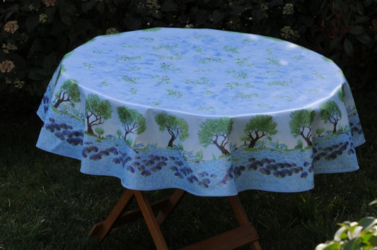 Nappe toile cireè ronde arbre branches olive bleu  160 CM
