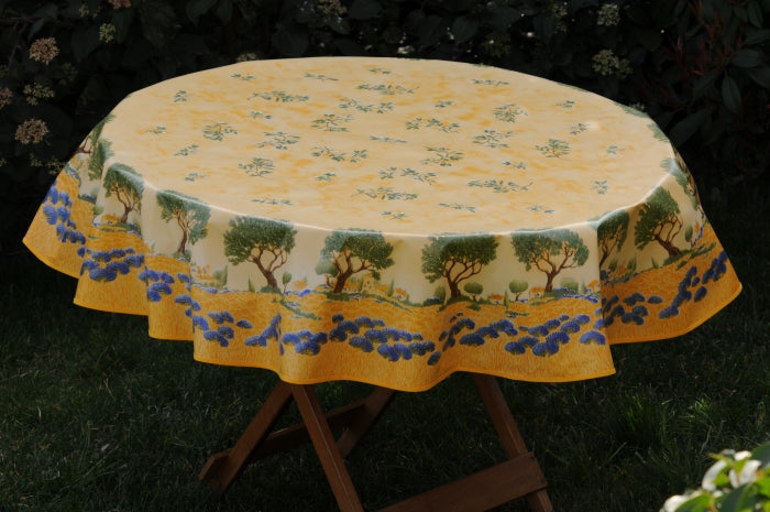 Nappe toile cireè motif arbre branche olivier lavande jaune 160 CM
