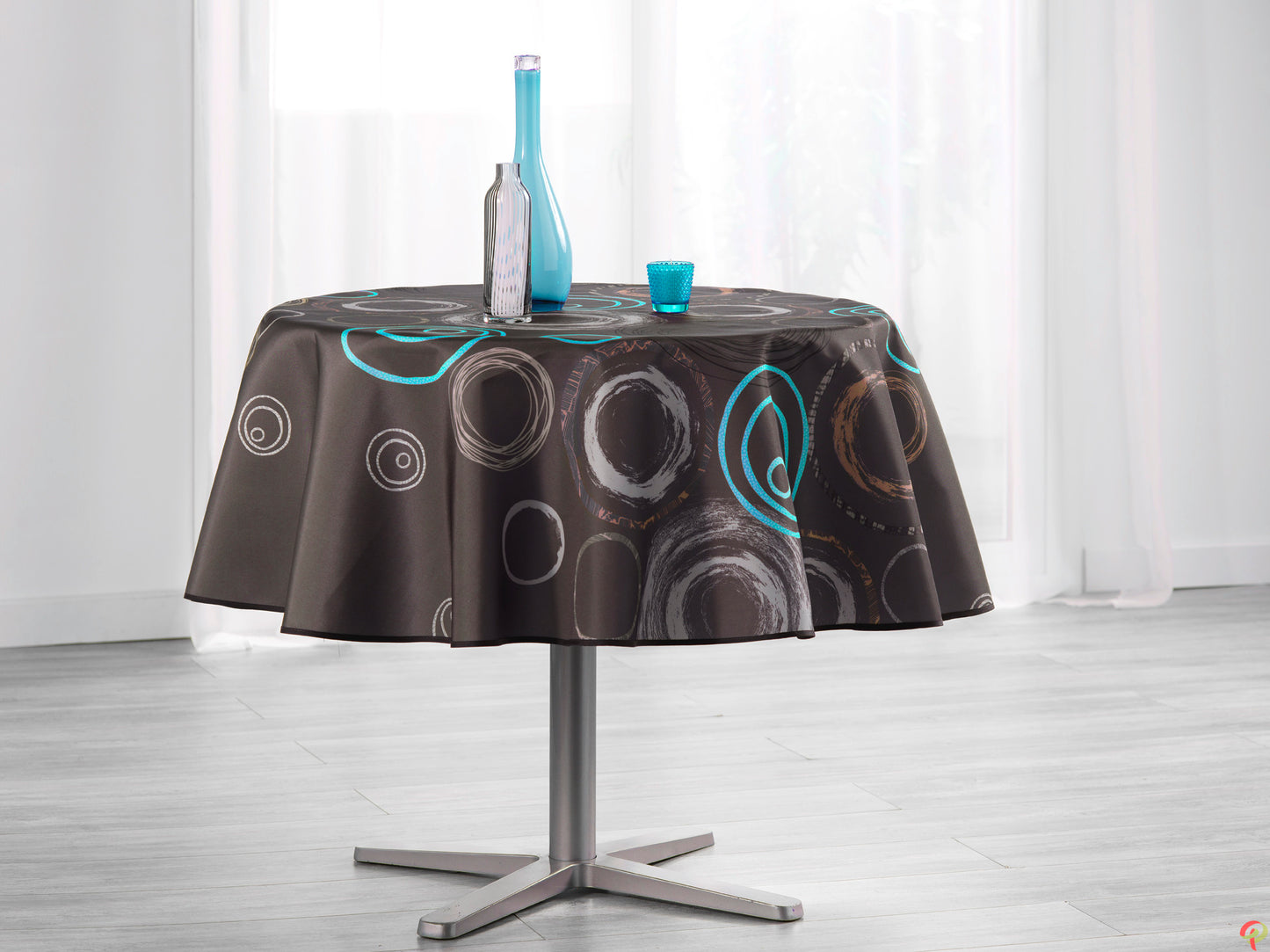 Nappe ronde motif  cercle sur fond bleu et gris
