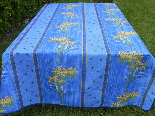 Nappe rectangulaire bleue motifs mimosa jaune