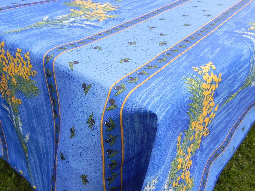 Nappe rectangulaire bleue motifs mimosa jaune