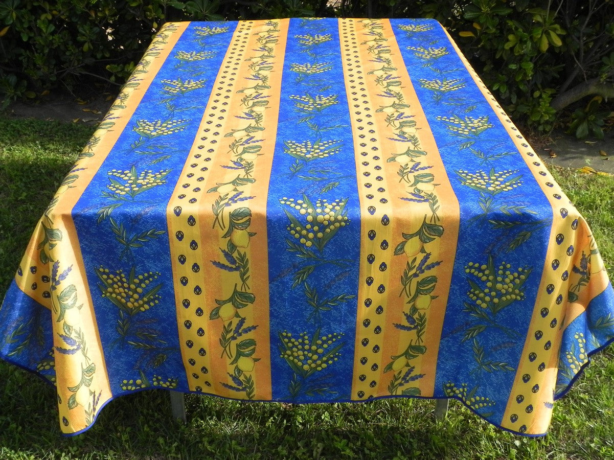 Nappe rectangle jaune et bleu, mimosas et citrons