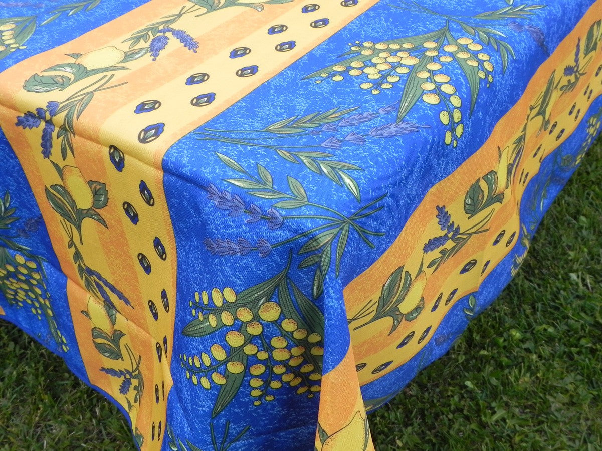 Nappe rectangle jaune et bleu, mimosas et citrons