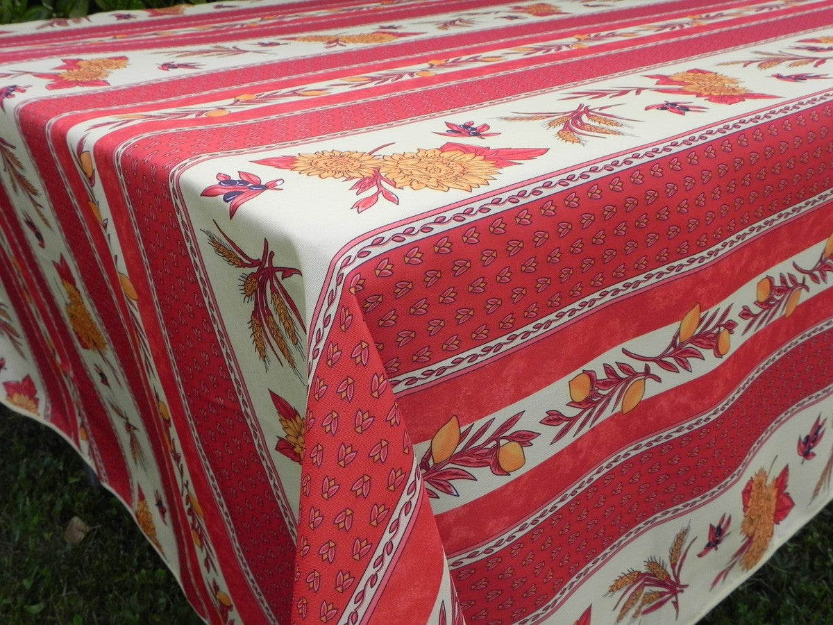 Nappe rectangle rouge et écru, tournesols