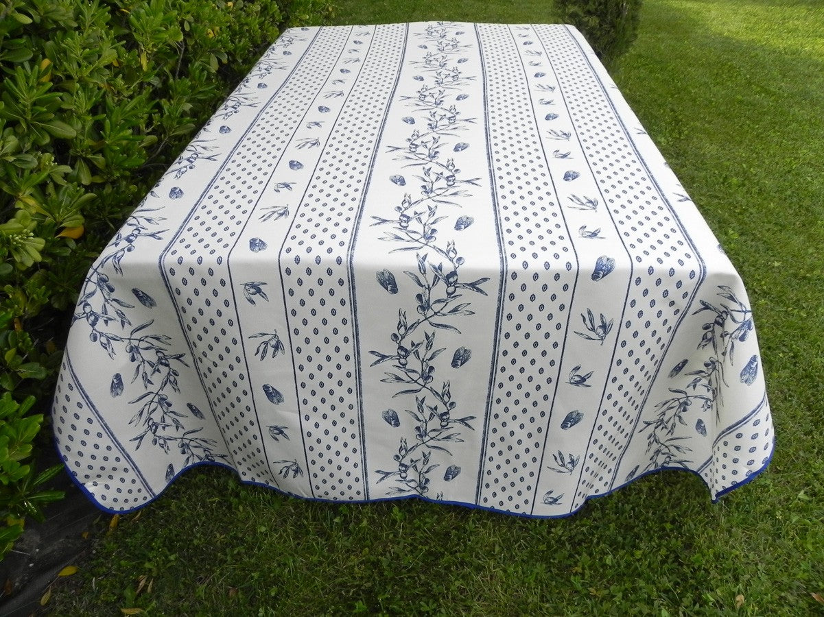Nappe rectangle écru, cigales et olives bleu