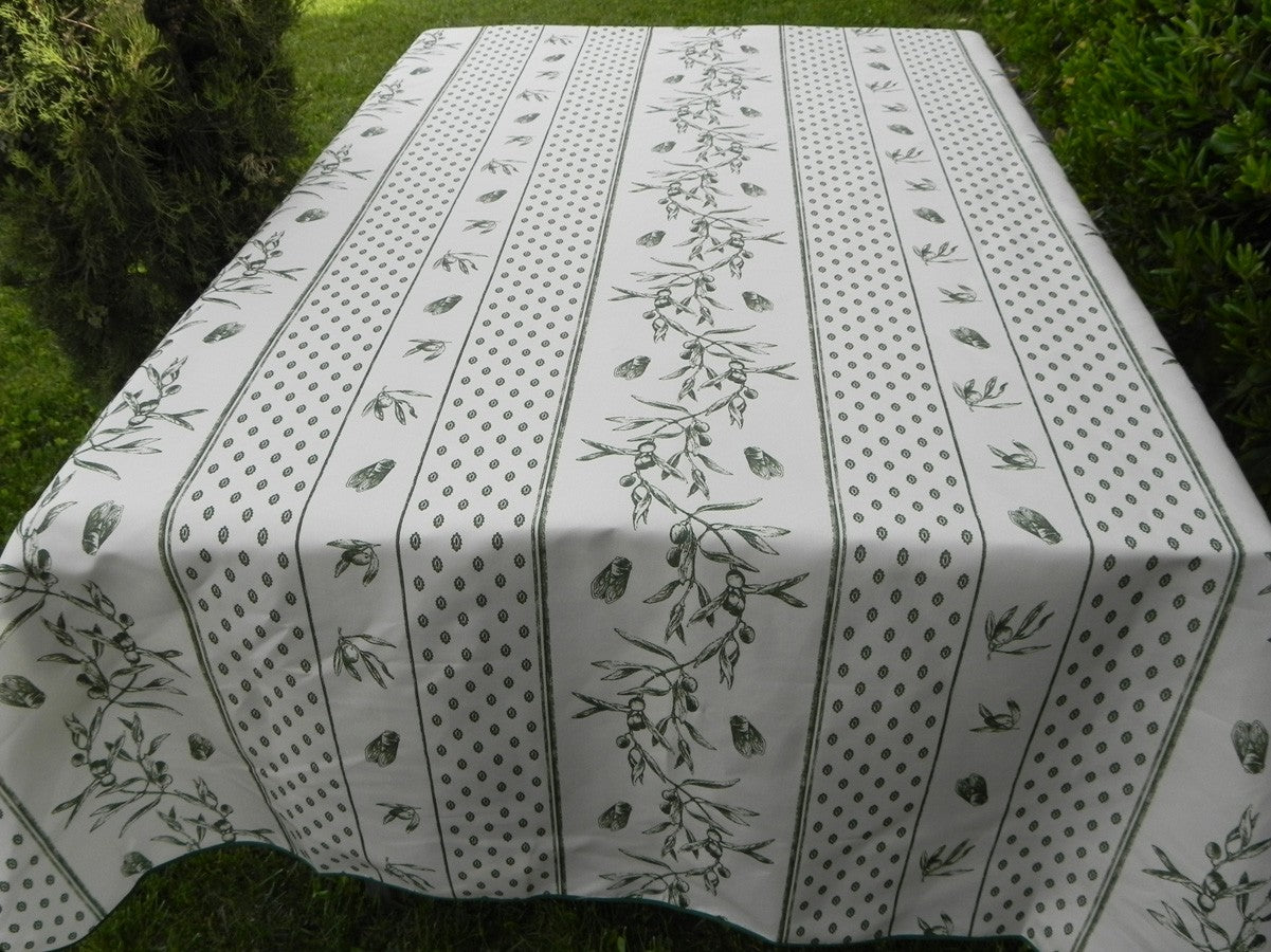 Nappe rectangle écru, cigales et olives vert