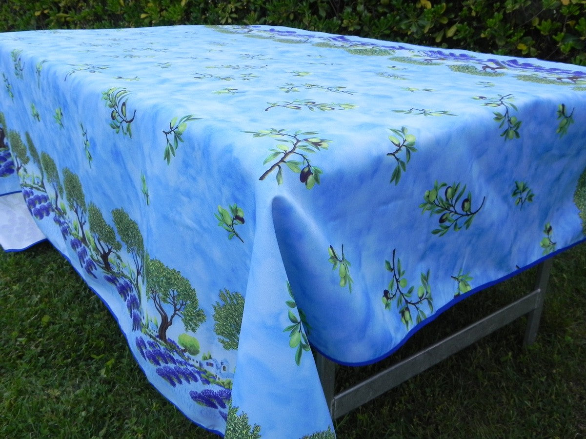 Nappe rectangulaire bleue motifs mimosa jaune