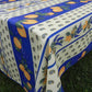 Nappe rectangle jaune et bleu, mimosas et citrons