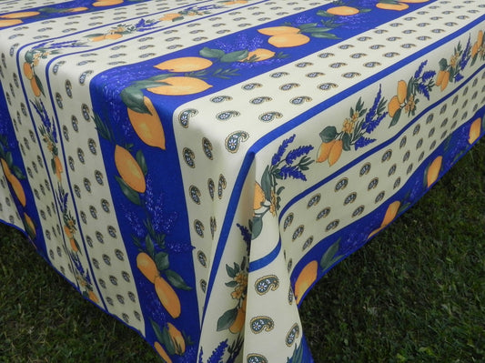 Nappe rectangle jaune et bleu, mimosas et citrons