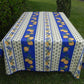 Nappe rectangle jaune et bleu, mimosas et citrons