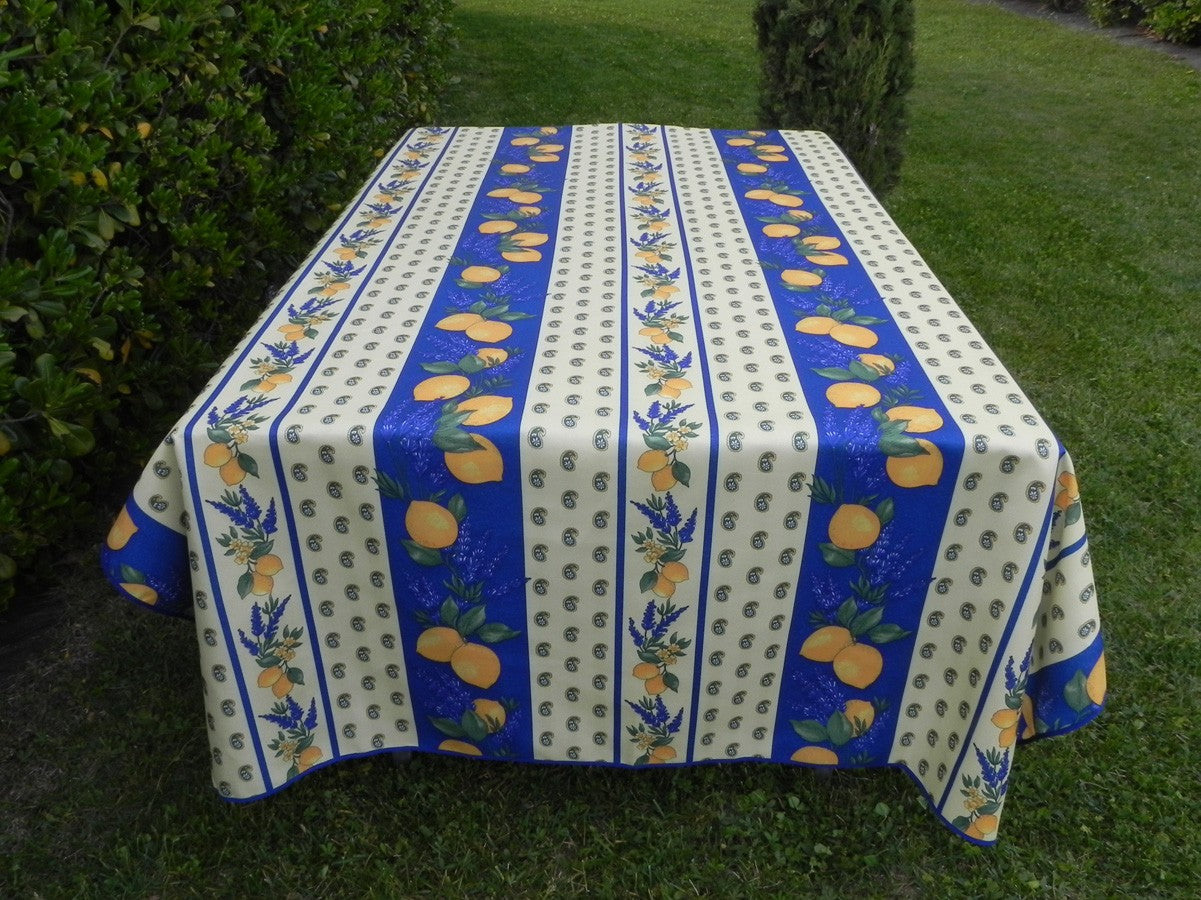 Nappe rectangle jaune et bleu, mimosas et citrons