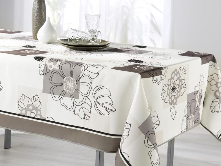 Nappe Carrè écru et taupe, motifs 4 saisons