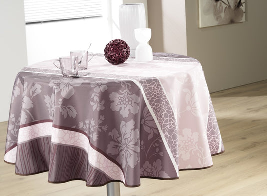 Nappe ronde fleurs chocolat et parme rose