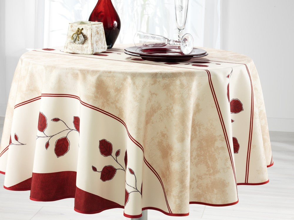 Nappe ronde feuilles rouges fond écru