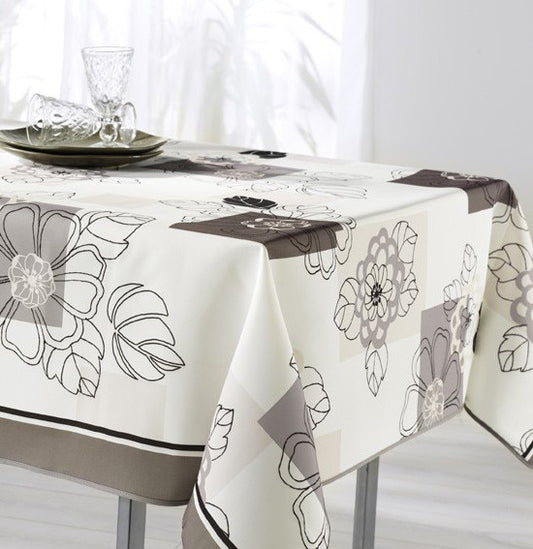Nappe carré arabesque gris et taupe sur fond écru
